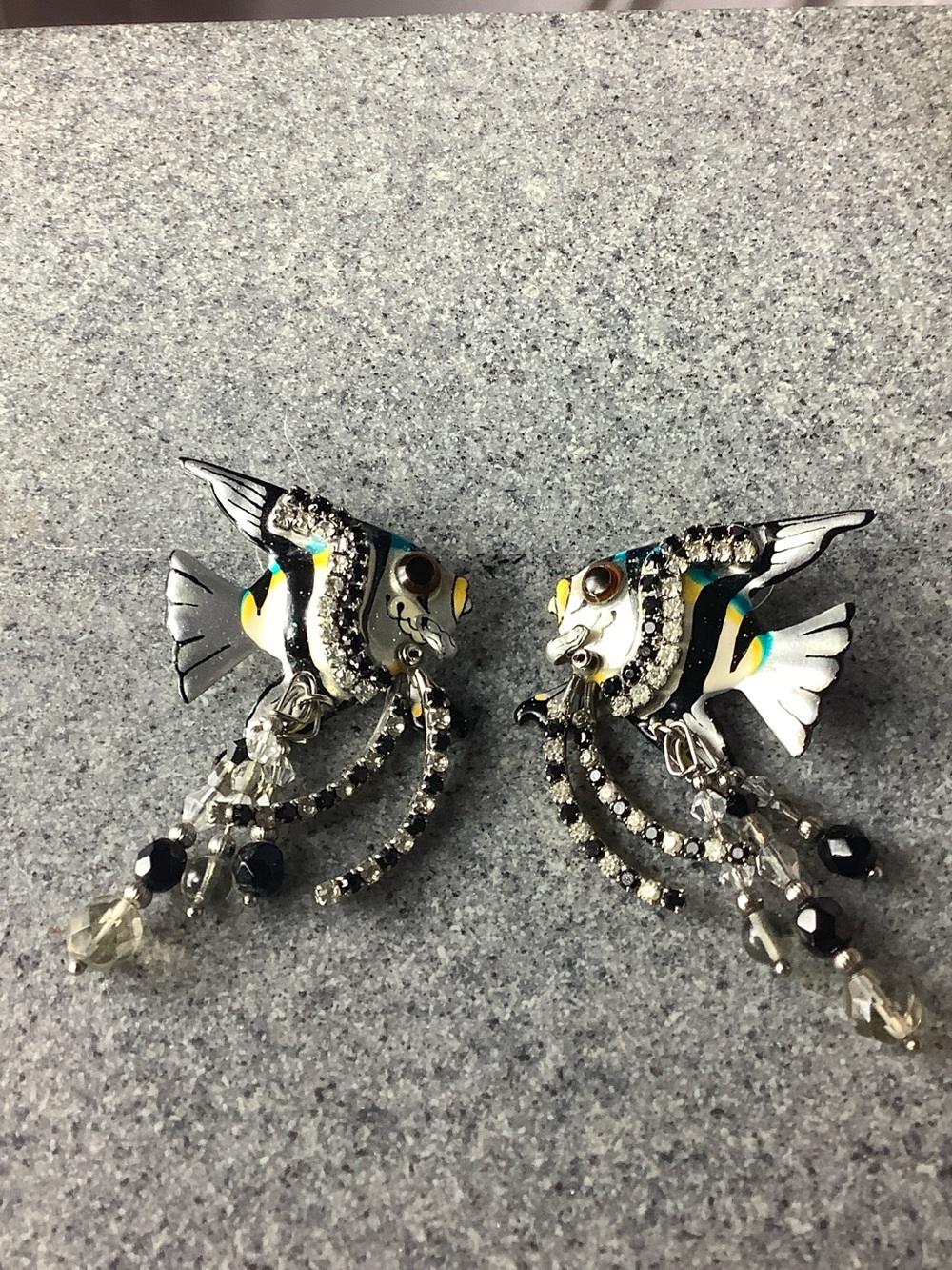 Silver Fish-Shaped Drop Earrings with Black and Yellow Enamel Accents
